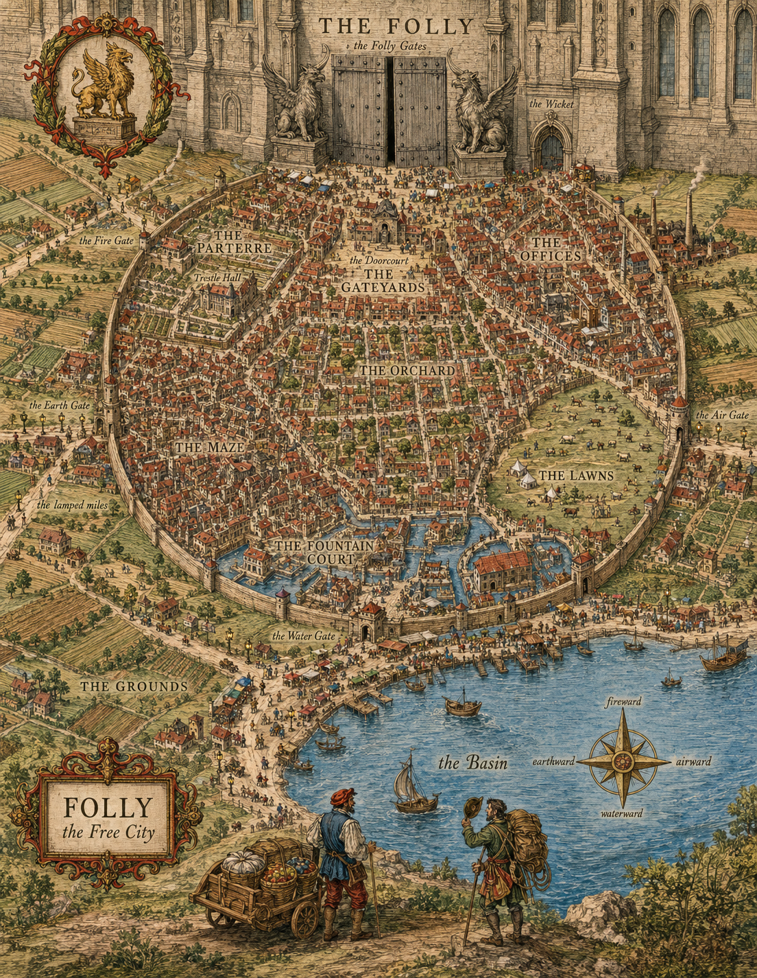 A painted bird's-eye view of Folly from over the Basin: the walled city at the foot of the Folly's facade, the Folly Gates and the Griffons above it, the Wicket with its queue, the seven districts within the wall, the outer town and harbor market along the shore, and the lamped roads running out through the Grounds