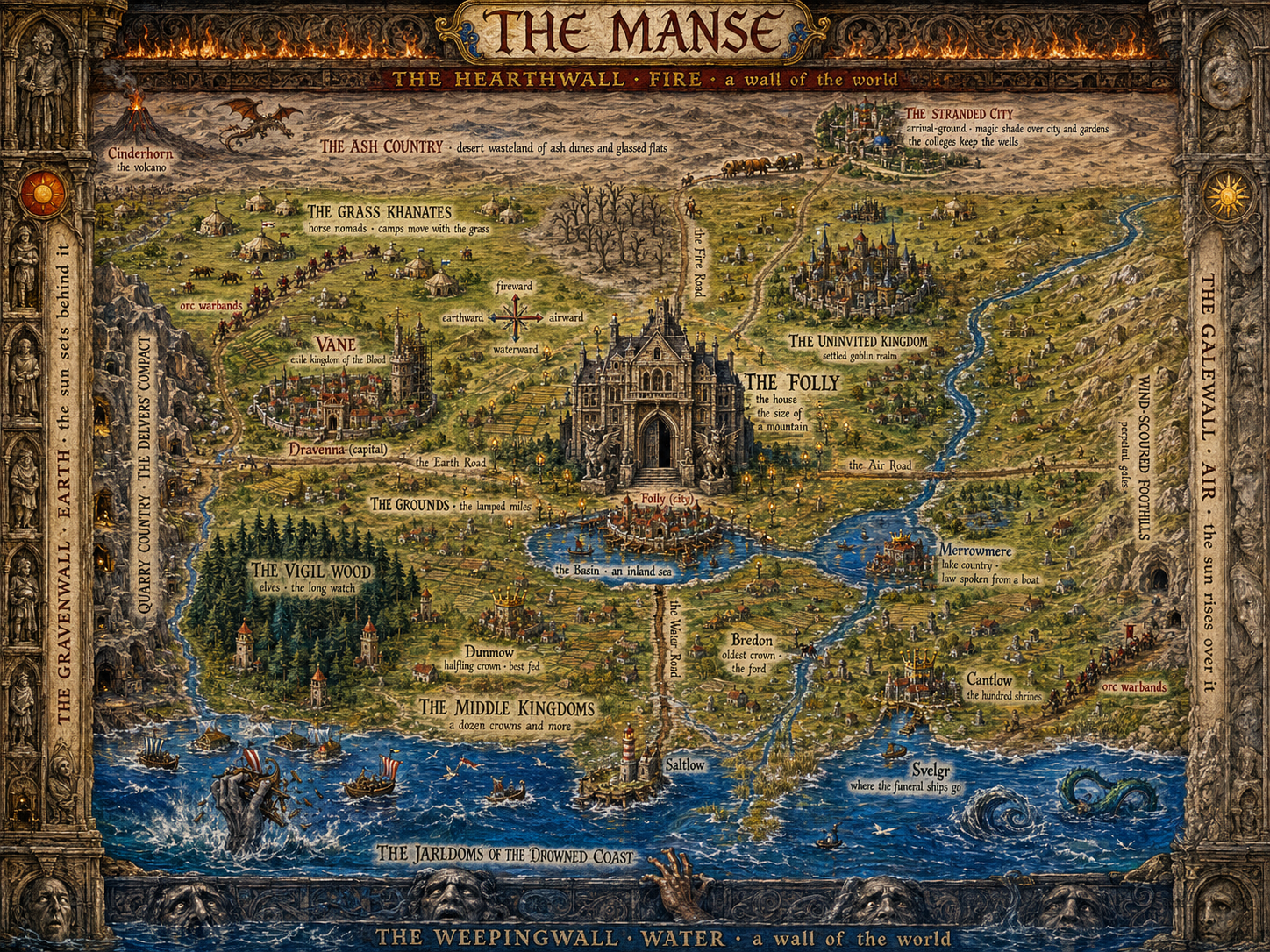 A painted map of the Manse: the four Walls frame the world, the Folly and its city stand at the center, with the Ash Country toward the Hearthwall, the sea country beneath the Weepingwall, and the border countries between